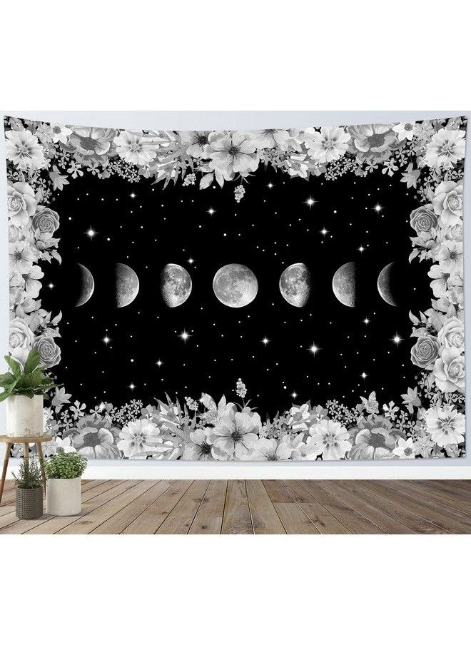 LB Moon Phase Floral Tapestry Black And White Moon Phase With Flowers In Space Tapestry For Bedroom Bright Stars Tapestry For Bedroom Wall Art For Living Room Dorm Home Decor 60 X 40 Inches  - Image 2