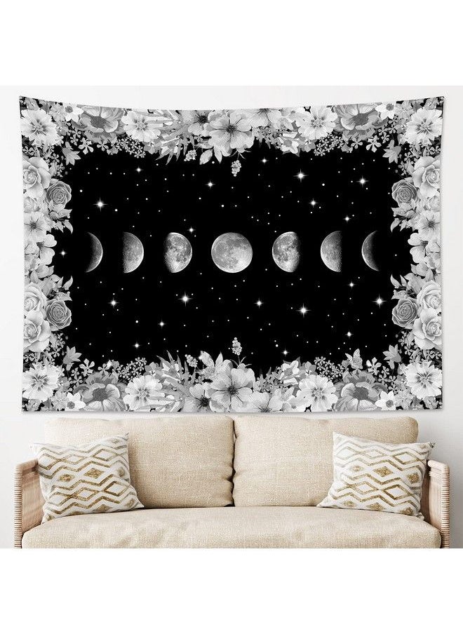 LB Moon Phase Floral Tapestry Black And White Moon Phase With Flowers In Space Tapestry For Bedroom Bright Stars Tapestry For Bedroom Wall Art For Living Room Dorm Home Decor 60 X 40 Inches  - Image 3