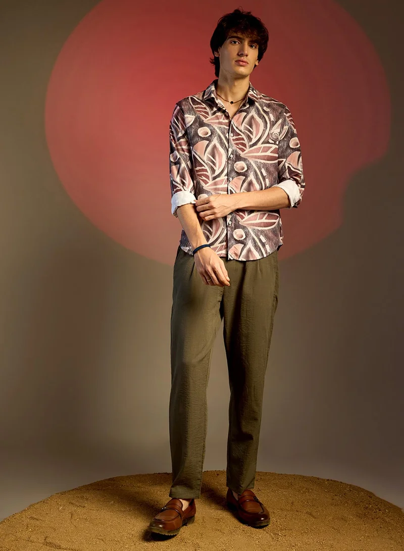 كامبوس سوترا Men's Charcoal Grey & Mocha Brown Marble Foliage Shirt