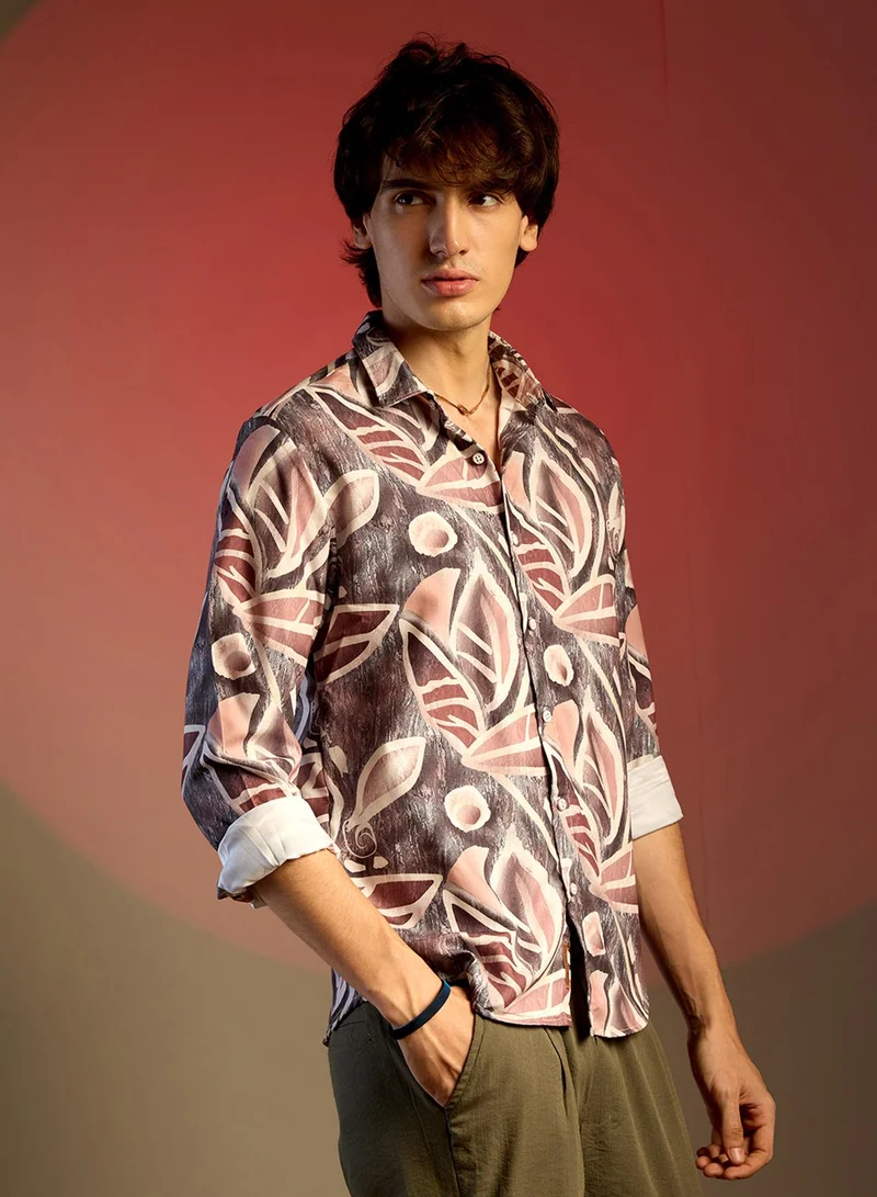 كامبوس سوترا Men's Charcoal Grey & Mocha Brown Marble Foliage Shirt