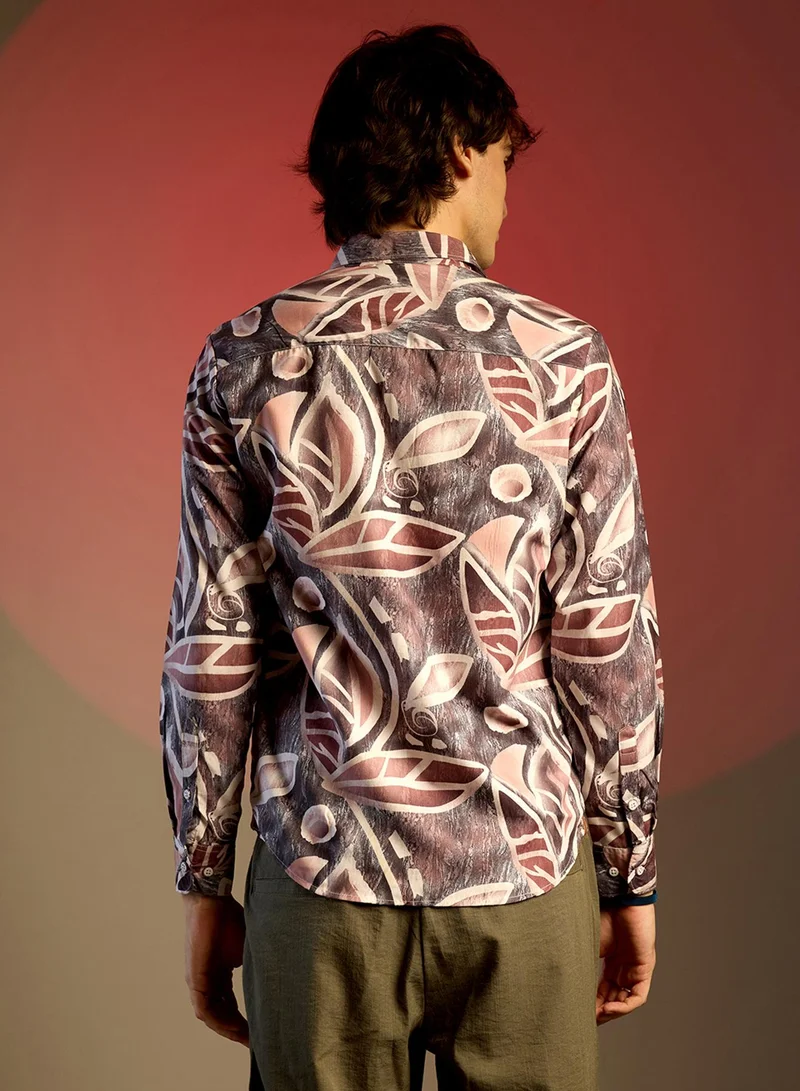 كامبوس سوترا Men's Charcoal Grey & Mocha Brown Marble Foliage Shirt