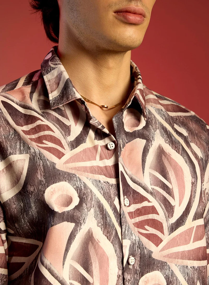 كامبوس سوترا Men's Charcoal Grey & Mocha Brown Marble Foliage Shirt