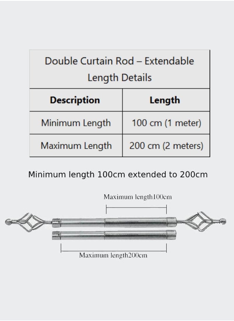 MAXQON Heavy Duty Extendable Double Curtain Rod 2 Meter Adjustable Sturdy Steel Silver  - Image 2
