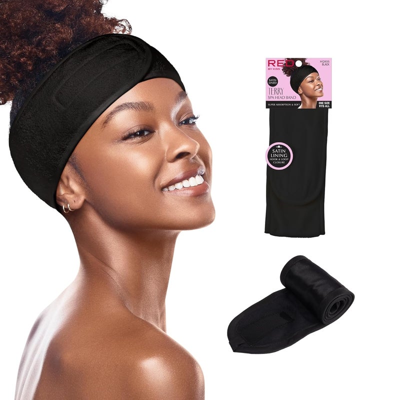 Red by Kiss Red by Kiss Spa Headband for Washing Face Adjustable Velcro Wrap Facial Makeup Hair Band Silky Satin Lining Terry Clothe for Shower Bath Washing Mask Sport Yoga BLACK