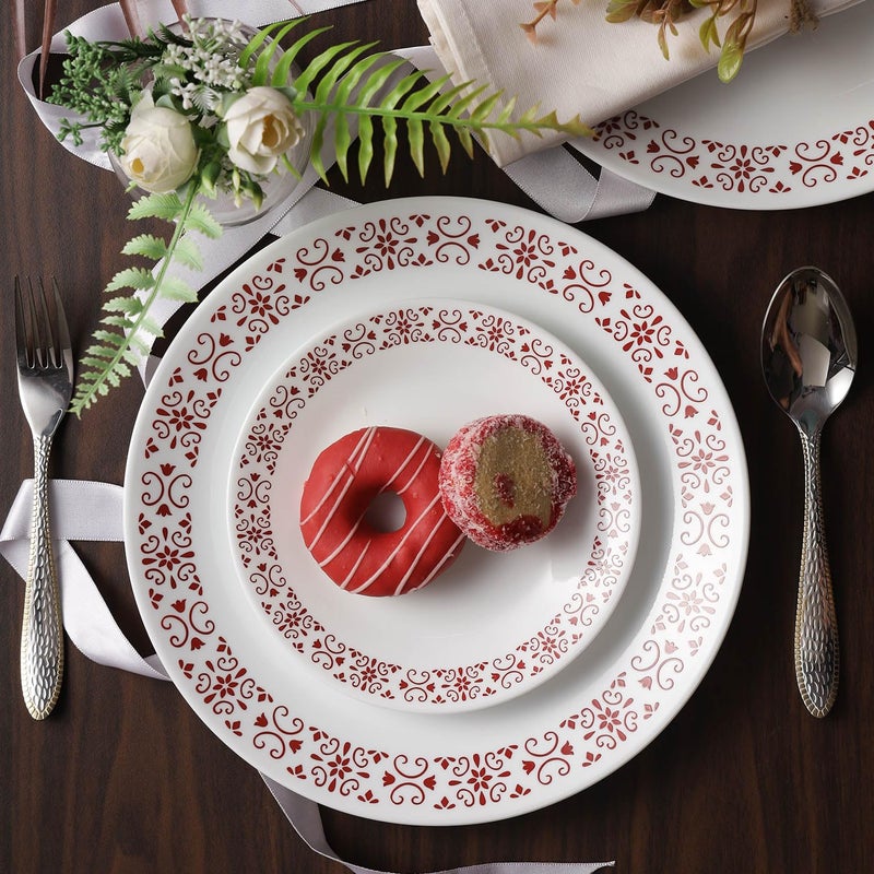 SKOODLE CORELLE Livingware Red Trellis 17 cm Small Plate, Lightweight & Durable, Made of Vitrelle Glass, Microwave & Dishwasher Safe, Elegant Crockery for Dining & Gifting - Set of 6 - Image 2