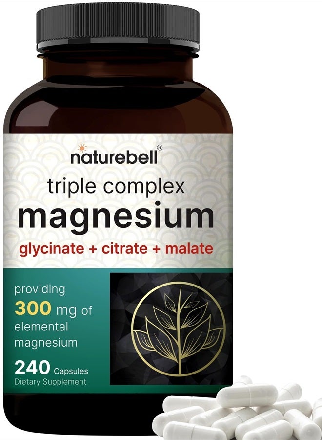 NatureBell Triple Complex Magnesium Supplement, 240 Capsules | Magnesium Glycinate 500mg with Citrate & Malate | Chelated & Purified | Bone, Heart, & Muscle Support | Non-GMO - Image 1
