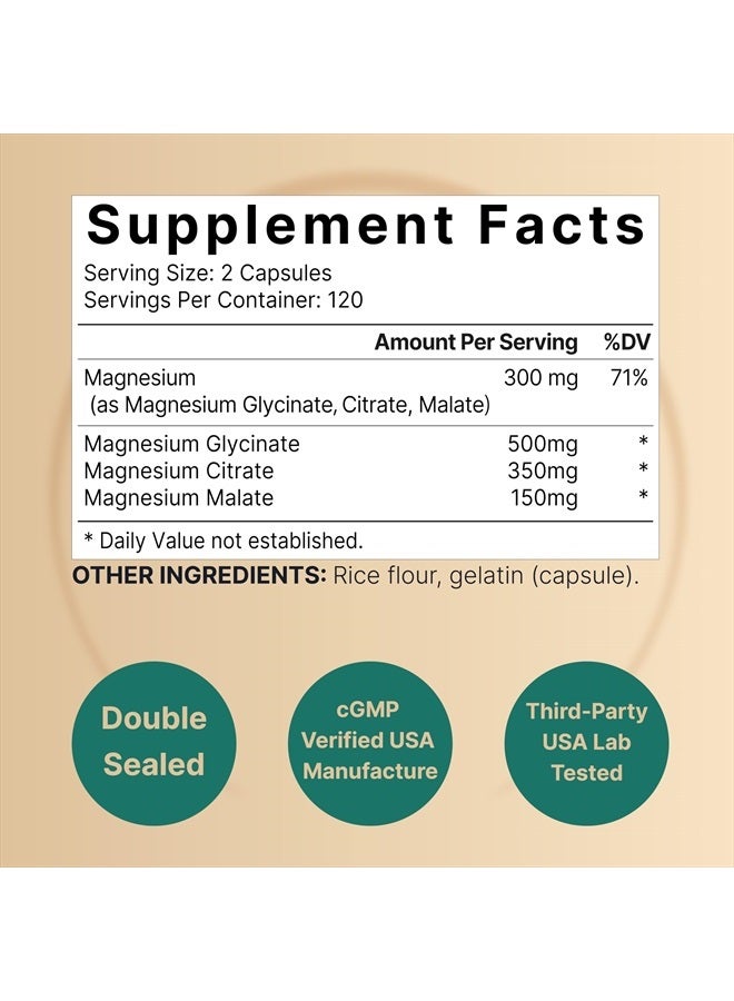 NatureBell Triple Complex Magnesium Supplement, 240 Capsules | Magnesium Glycinate 500mg with Citrate & Malate | Chelated & Purified | Bone, Heart, & Muscle Support | Non-GMO - Image 2