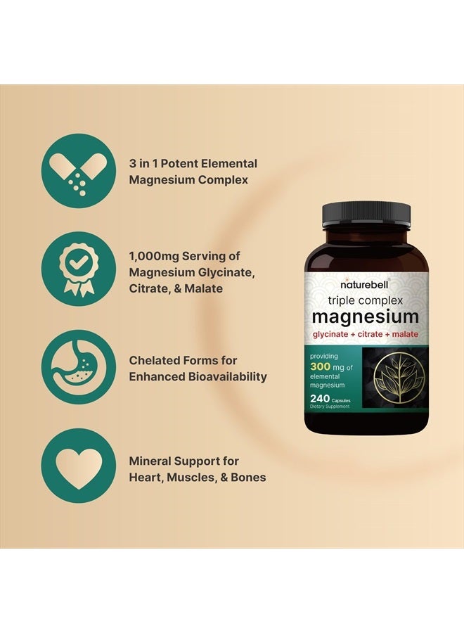 NatureBell Triple Complex Magnesium Supplement, 240 Capsules | Magnesium Glycinate 500mg with Citrate & Malate | Chelated & Purified | Bone, Heart, & Muscle Support | Non-GMO - Image 3