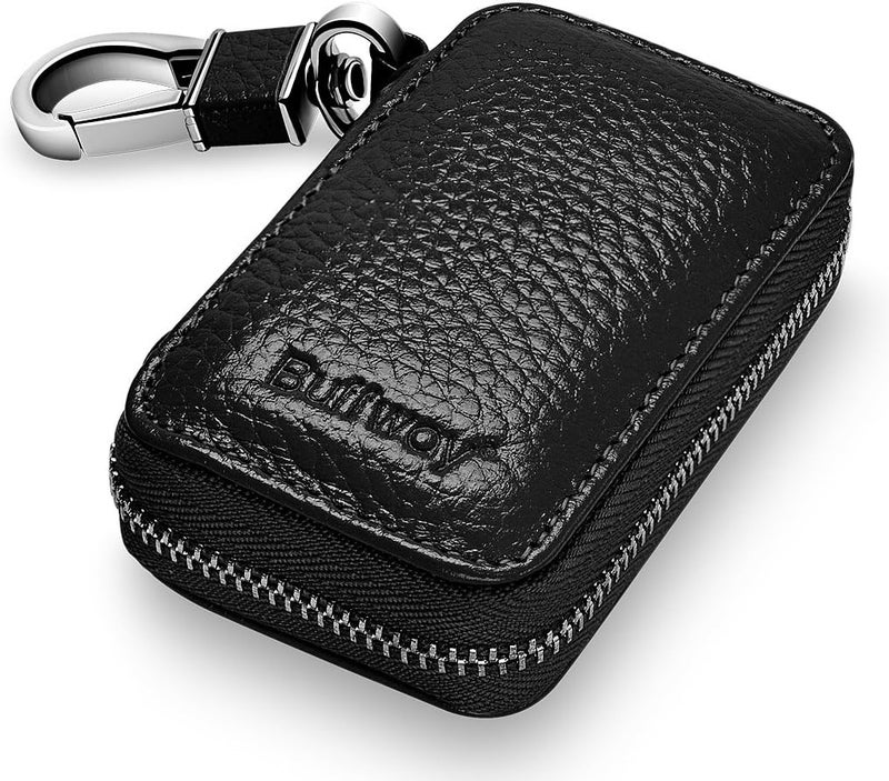 Buffway Car Key case,Genuine Leather Car Key Chain Keychain Holder Metal Hook and Keyring Zipper Bag for Remote Key Fob - Black - Image 1