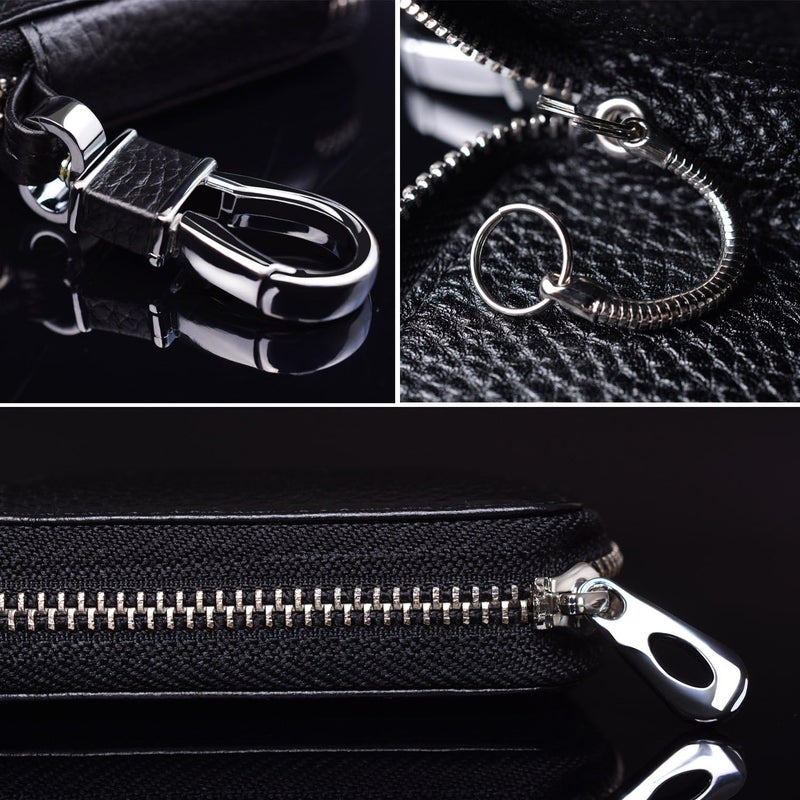 Buffway Car Key case,Genuine Leather Car Key Chain Keychain Holder Metal Hook and Keyring Zipper Bag for Remote Key Fob - Black - Image 5