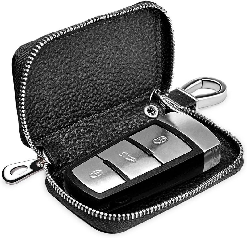 Buffway Car Key case,Genuine Leather Car Key Chain Keychain Holder Metal Hook and Keyring Zipper Bag for Remote Key Fob - Black - Image 2