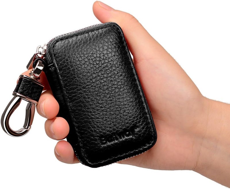 Buffway Car Key case,Genuine Leather Car Key Chain Keychain Holder Metal Hook and Keyring Zipper Bag for Remote Key Fob - Black - Image 3