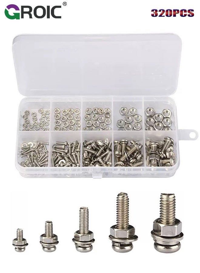 GROIC Phillips Round Head Self-Tapping Screws with Bolt Nut Washer Combo Kit, 320Packs M2 M2.5 M3 M4 M5 Cross Head Countersunk Self Screws Assortment, Multi-Purpose Metal Self Drilling Screws Set - Image 1
