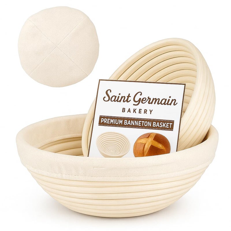Saint Germain Bakery Premium Round Bread Banneton Basket with Liner (Set of 2 9" Round Baskets) - Image 1
