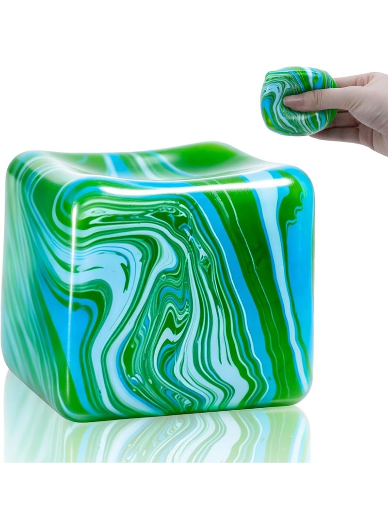 Squishy Fidget Stress Cube, Sensory Anti-Stress Toy for Kids & Adults, Green Blue Swirl - Image 1