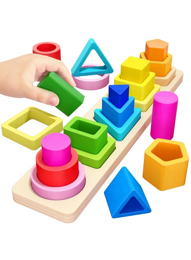 PEBIRA Montessori Toys for 1 2 3 Year Old Boys Girls Toddlers, Heightened Peg-Free Wooden Stacking Toys, Shape Sorter Learning Toy, Birthday Gift for Baby Kid Age 1-4 Preschool Toy, Various Game Play - Image 1