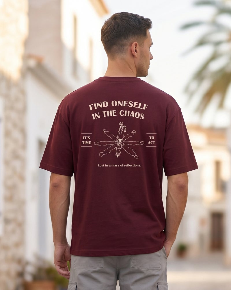 NOBERO Graphic Print Oversized T-Shirt for Men in Burgundy - Image 1