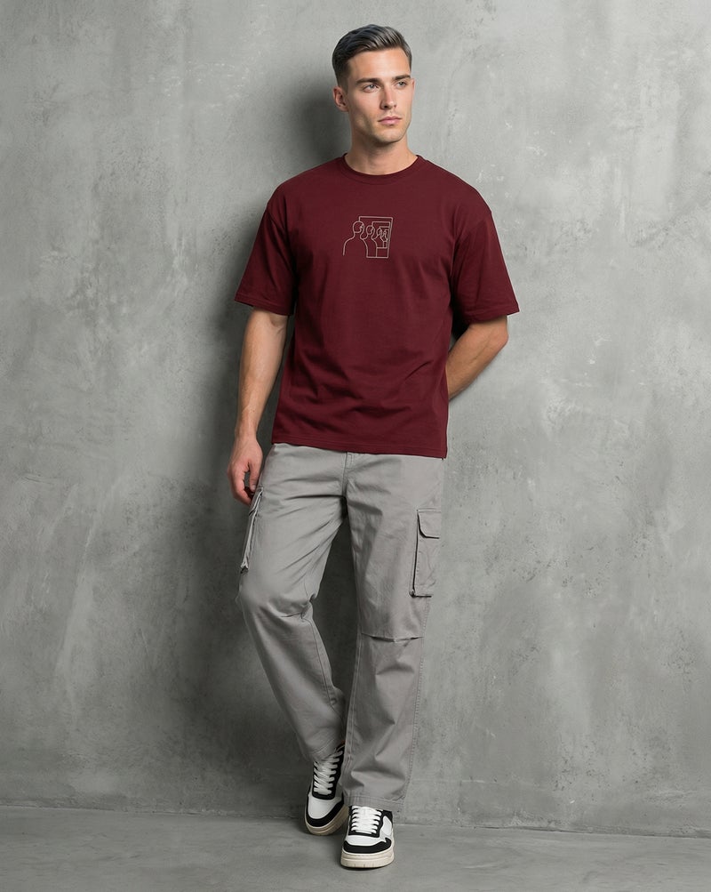 NOBERO Graphic Print Oversized T-Shirt for Men in Burgundy - Image 5