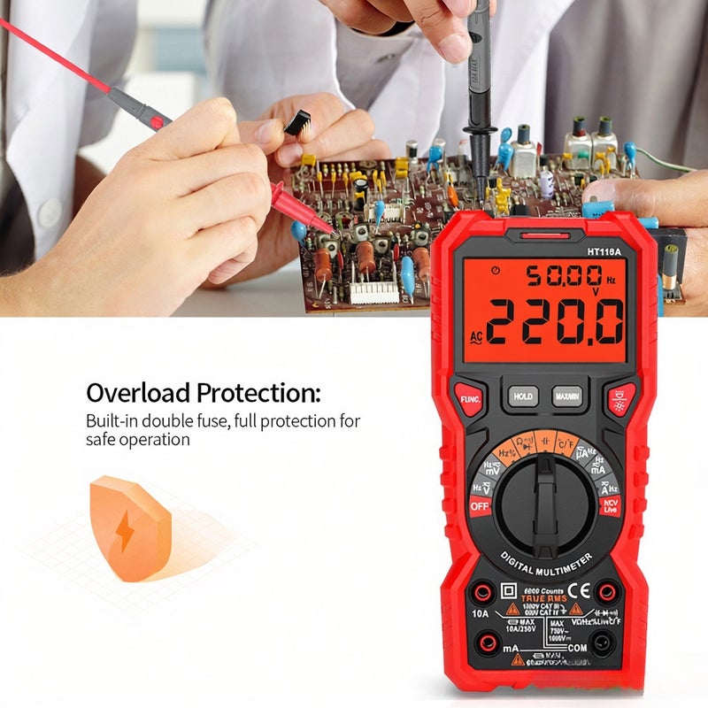 HABOTEST HT118A Digital Multimeter Auto Range Multi-meter 6000 Counts True RMS Measuring AC/DC Voltage Current Resistance Capacitance Frequency Temperature NCV Test Diode with LCD Backlight Flashlight - Image 5