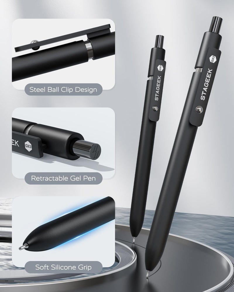 STAGEEK Black Gel Pens GX3, 12Pcs Fine Point Smooth Writing Pens with 3 Extra Refills, Quick Dry Black Ink Pens for Journaling, Office, Note Taking, School Supplies, Nurse Aesthetic(Black) - Image 3