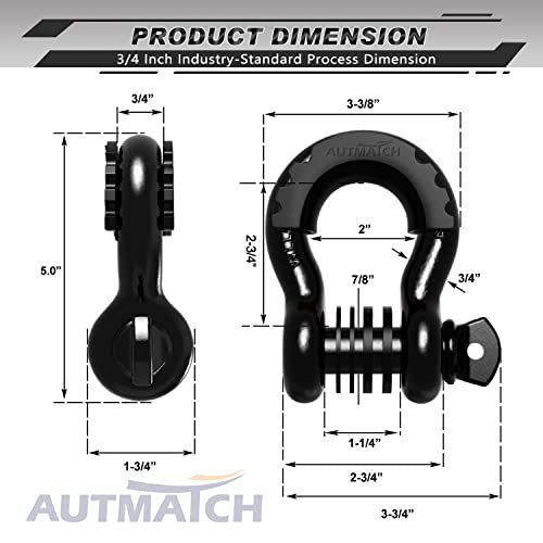 AUTMATCH شاكلة د حلقة AUTMATCH 3/4" (عبوة 2) قوة كسر 41,887 رطل، شاكلة كليفس مع دبوس لولبي 7/8" ومجموعة غسالات عزل الشاكلة لسحب حزام ونش استرداد المركبات على الطرق الوعرة، أسود - Image 3