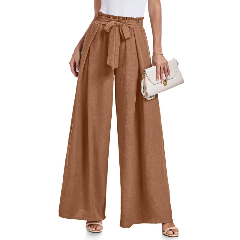 Lepunuo Women's Wide Leg Pants with Pockets High Waist Adjustable Knot Loose Casual Trousers Business Work Casual Pants A - Brown - Image 1