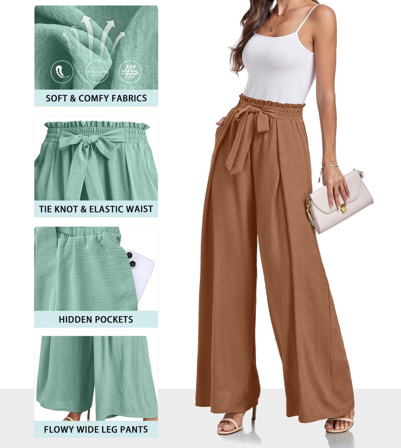 Lepunuo Women's Wide Leg Pants with Pockets High Waist Adjustable Knot Loose Casual Trousers Business Work Casual Pants A - Brown - Image 3