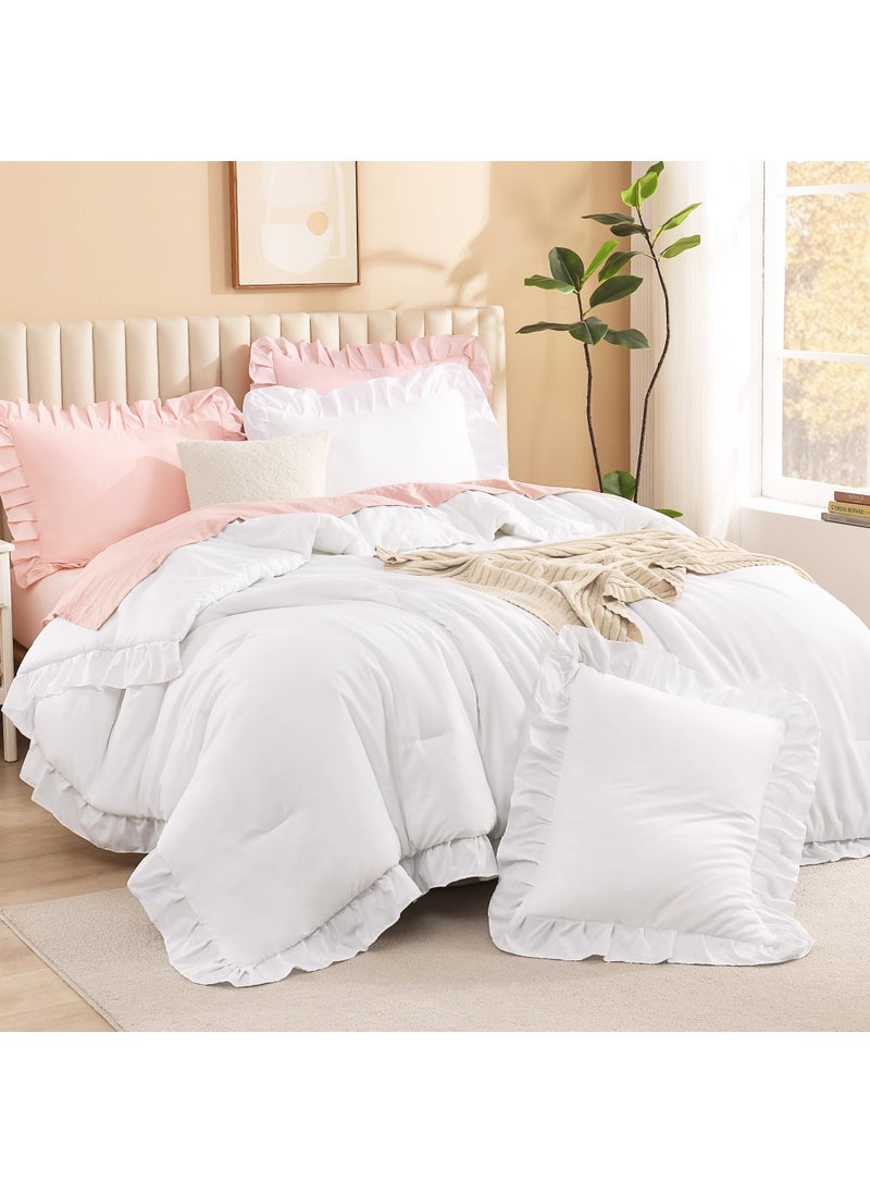 Litanika Litanika White Comforter Queen Size Set 3 Pieces Ruffle Shabby Chic Farmhouse Women Vintage Aesthetic Bedding Set  Collections Winter Fluffy Microfiber 