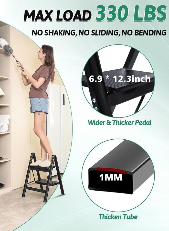 دبليو آي أن سلم قابل للطي من درجتين مع دواسة مضادة للانزلاق من الألومنيوم عالي التحمل يتحمل حتى 330 رطلاً، سلم خزانة مطبخ صغير للبالغين والأطفال باللون الأسود - Image 4