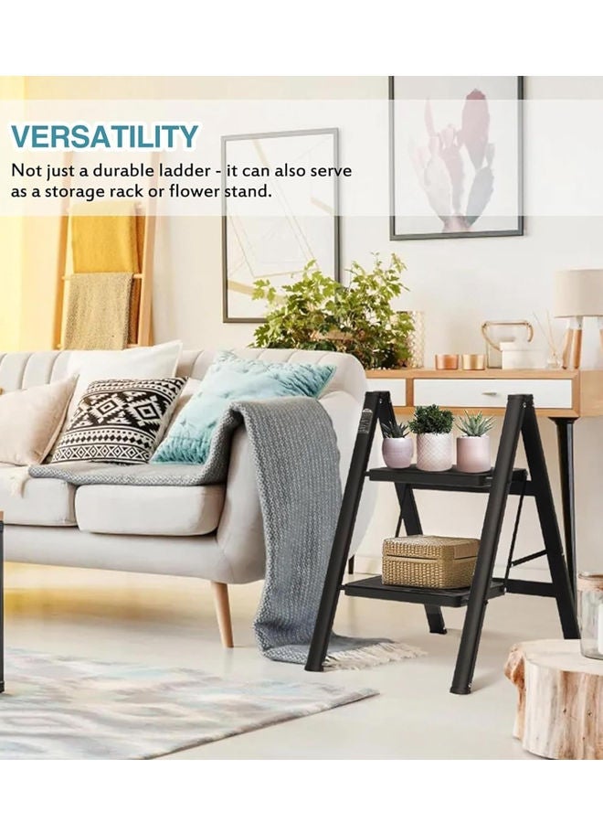 دبليو آي أن سلم قابل للطي من درجتين مع دواسة مضادة للانزلاق من الألومنيوم عالي التحمل يتحمل حتى 330 رطلاً، سلم خزانة مطبخ صغير للبالغين والأطفال باللون الأسود - Image 3