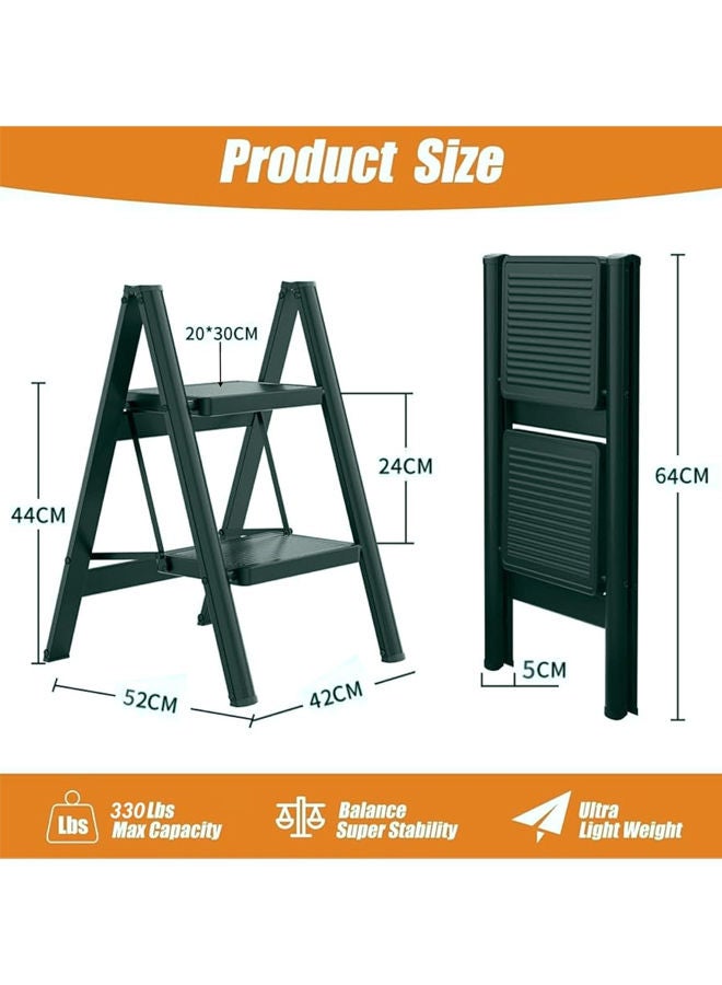 دبليو آي أن سلم قابل للطي من درجتين مع دواسة مضادة للانزلاق من الألومنيوم عالي التحمل يتحمل حتى 330 رطلاً، سلم خزانة مطبخ صغير للبالغين والأطفال باللون الأسود - Image 2