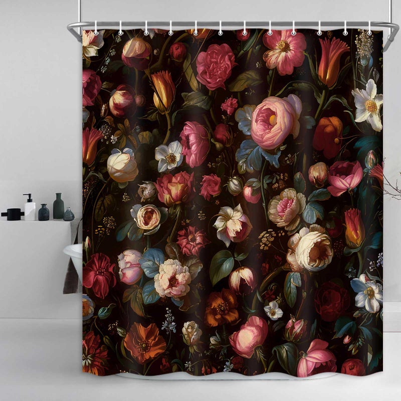 Drgilau Floral Shower Curtain  Black Boho Floral Shower Curtain Vintage Floral Shower Curtain Set Decor  Pink Plant Flower Bathroom Curtain with Hooks for Bathroom Decor 60X72 Inch - Image 2