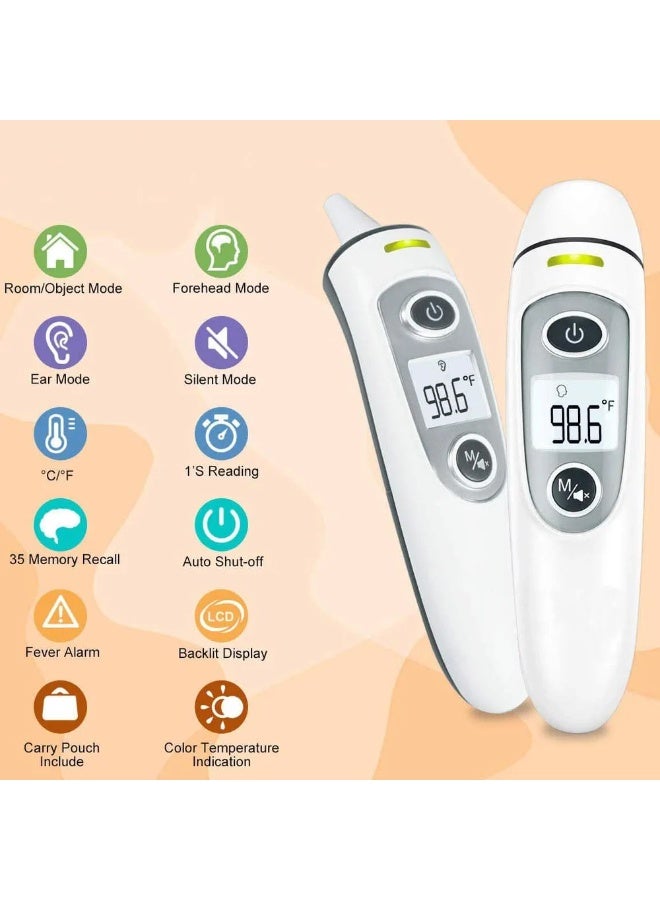 روكيو ميزان حرارة طبي 2 في 1 للجبين والأذن - ميزان حرارة رقمي داخلي بدون تلامس، مستشعر فحص درجة حرارة الجسم، ماسح حراري بدون لمس للأطفال والرضع والأطفال الصغار والبالغين، ميزان حرارة رقمي بالأشعة تحت الحمراء مع إنذار الحمى ووظيفة الذاكرة، قراءة دقيقة فورية في ثانية واحدة - Image 2