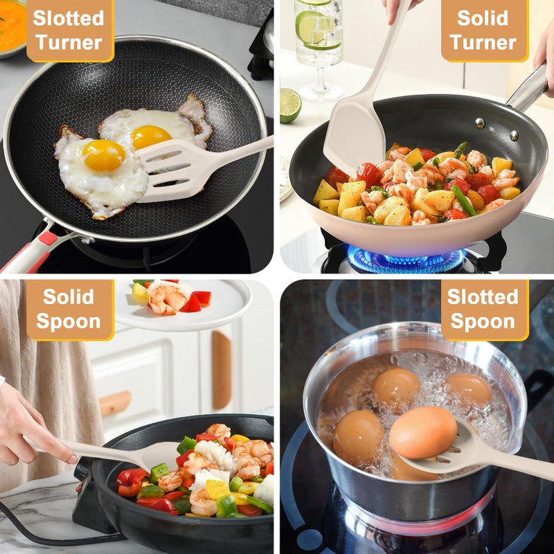 P&P CHEF Kitchen Utensil Set, 4 Pieces Non-stick Silicone Cooking Utensils, Heat-resistant Slotted Solid Spoon Turner for Frying, Mixing, Serving, Non-toxic & Easy to Clean, Khaki - Image 4
