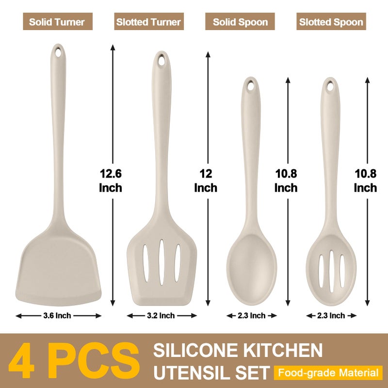 P&P CHEF Kitchen Utensil Set, 4 Pieces Non-stick Silicone Cooking Utensils, Heat-resistant Slotted Solid Spoon Turner for Frying, Mixing, Serving, Non-toxic & Easy to Clean, Khaki - Image 2