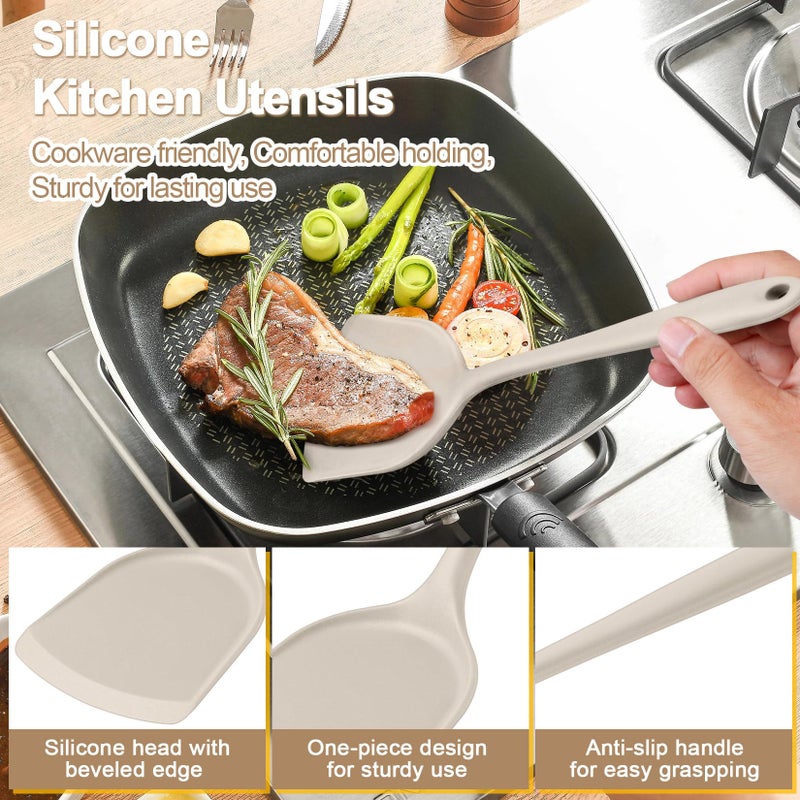 P&P CHEF Kitchen Utensil Set, 4 Pieces Non-stick Silicone Cooking Utensils, Heat-resistant Slotted Solid Spoon Turner for Frying, Mixing, Serving, Non-toxic & Easy to Clean, Khaki - Image 3