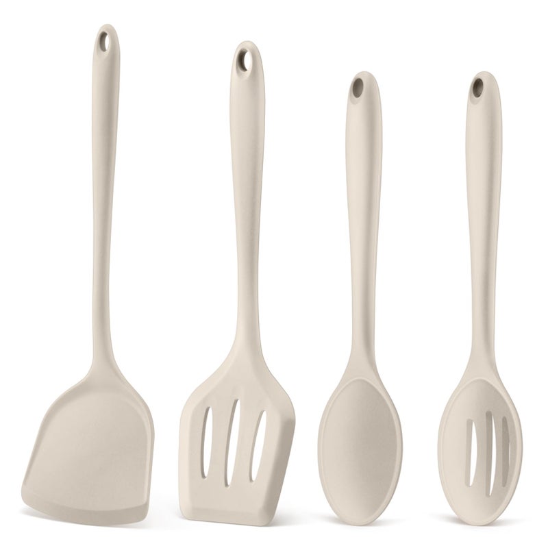 P&P CHEF Kitchen Utensil Set, 4 Pieces Non-stick Silicone Cooking Utensils, Heat-resistant Slotted Solid Spoon Turner for Frying, Mixing, Serving, Non-toxic & Easy to Clean, Khaki - Image 1