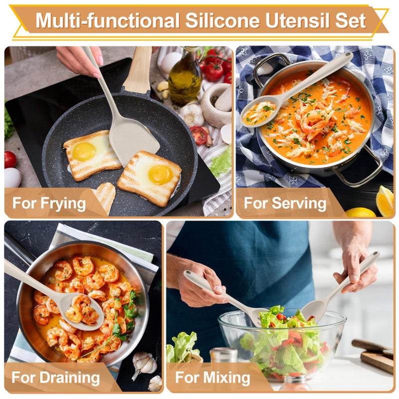 P&P CHEF Kitchen Utensil Set, 4 Pieces Non-stick Silicone Cooking Utensils, Heat-resistant Slotted Solid Spoon Turner for Frying, Mixing, Serving, Non-toxic & Easy to Clean, Khaki - Image 5