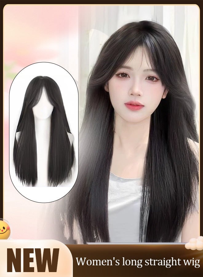 Straight long wig with middle part and bangs wig for women - Image 1