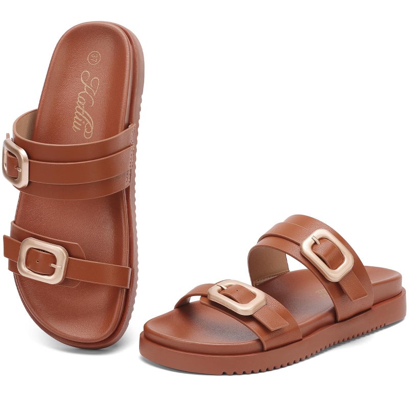 katliu Women's Comfort Flat Sandals Double Buckle Adjustable Slide Sandals Casual Summer Sandals with Arch Support Brown 8 - Image 1