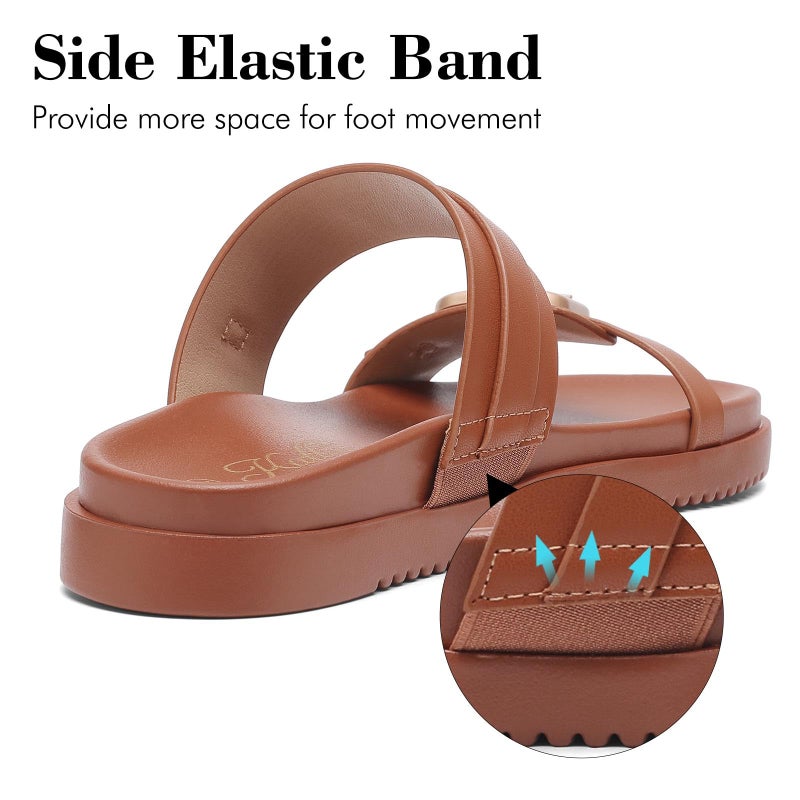 katliu Women's Comfort Flat Sandals Double Buckle Adjustable Slide Sandals Casual Summer Sandals with Arch Support Brown 8 - Image 5