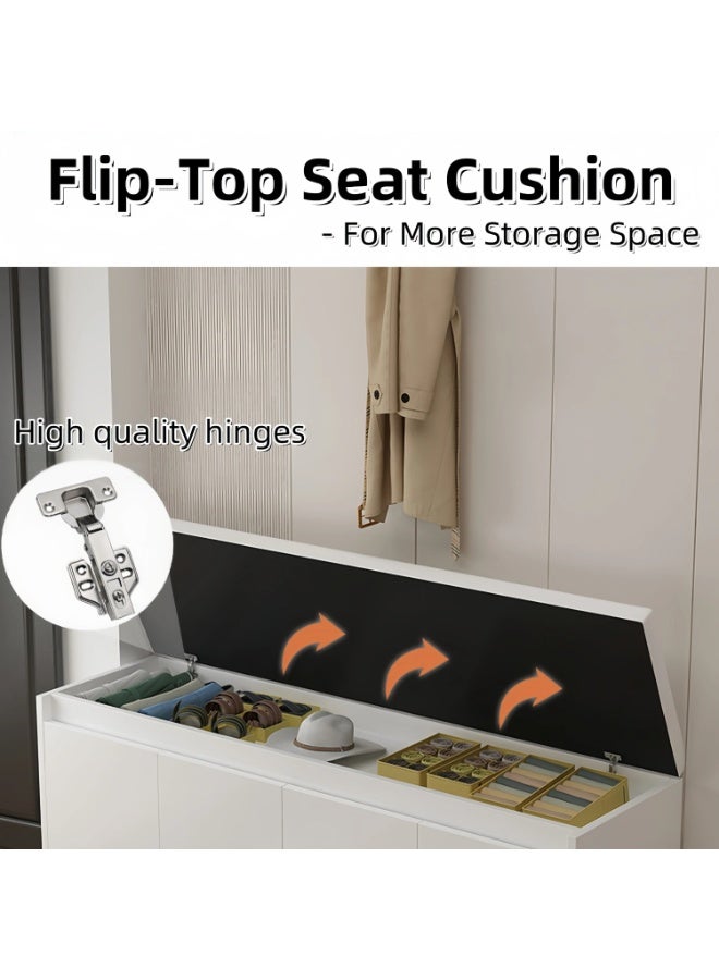 إيونتو مقعد تخزين أحذية بثلاث خزائن بأبواب متأرجحة ومساحة تخزين مخفية للمقاعد - مقعد أحذية مدخل من خشب MDF بارتفاع 100 سم مع وسادة جلدية ناعمة، يتحمل حتى 200 كجم، وأرفف قابلة للإزالة - Image 5