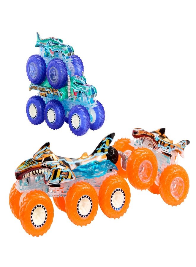 Hot Wheels Monster Trucks Multipack, 1:64 Scale Mega-Wrex & Tiger Shark Toy Trucks with Big Rigs in Matching Power Smashers Deco - Image 1