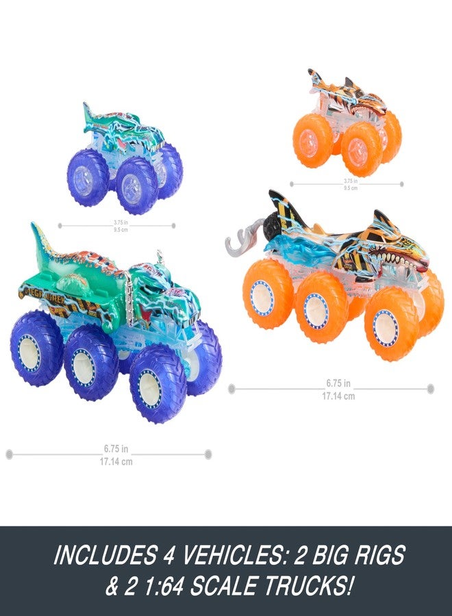 Hot Wheels Monster Trucks Multipack, 1:64 Scale Mega-Wrex & Tiger Shark Toy Trucks with Big Rigs in Matching Power Smashers Deco - Image 3