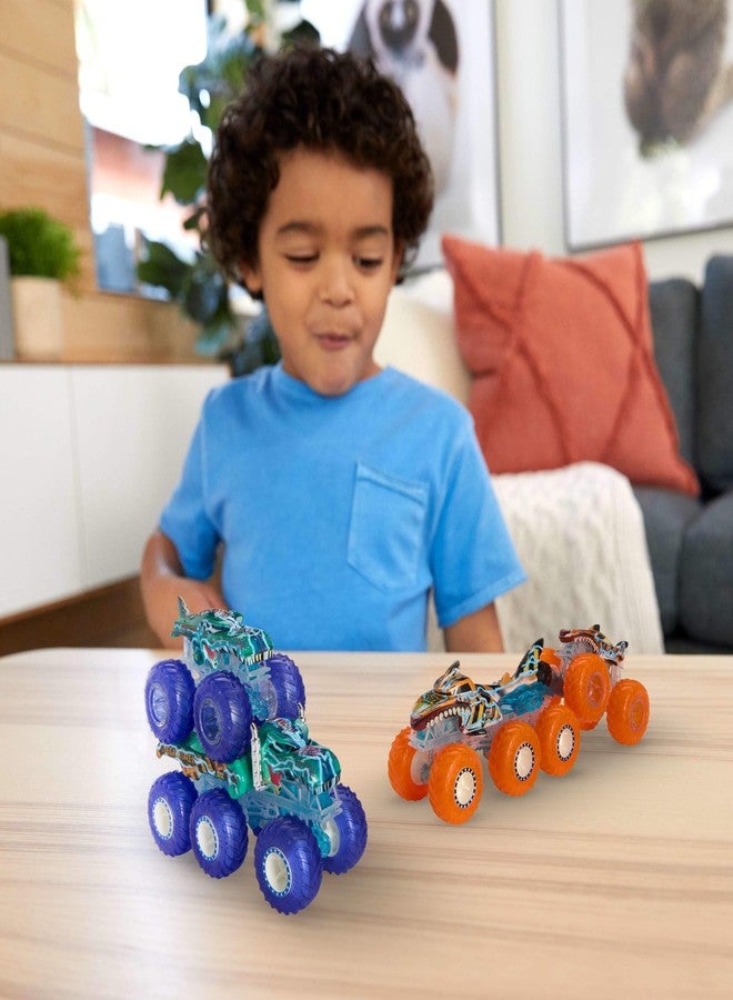 Hot Wheels Monster Trucks Multipack, 1:64 Scale Mega-Wrex & Tiger Shark Toy Trucks with Big Rigs in Matching Power Smashers Deco - Image 2