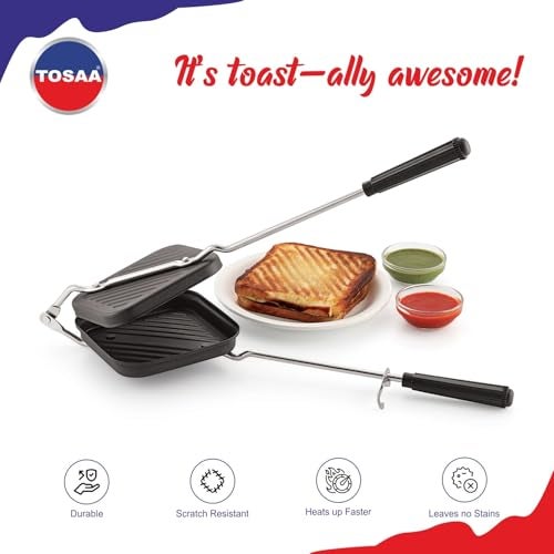 Tosaa Non-Stick Sandwich Toaster for Gas Stove | Grill & Toast Sandwiches in Minutes | Double-Coated Non-Stick | Durable & Easy to Use | Black Sandwich Maker - Image 4