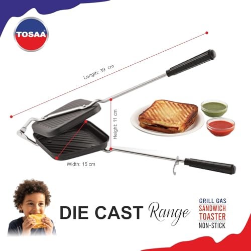 Tosaa Non-Stick Sandwich Toaster for Gas Stove | Grill & Toast Sandwiches in Minutes | Double-Coated Non-Stick | Durable & Easy to Use | Black Sandwich Maker - Image 2