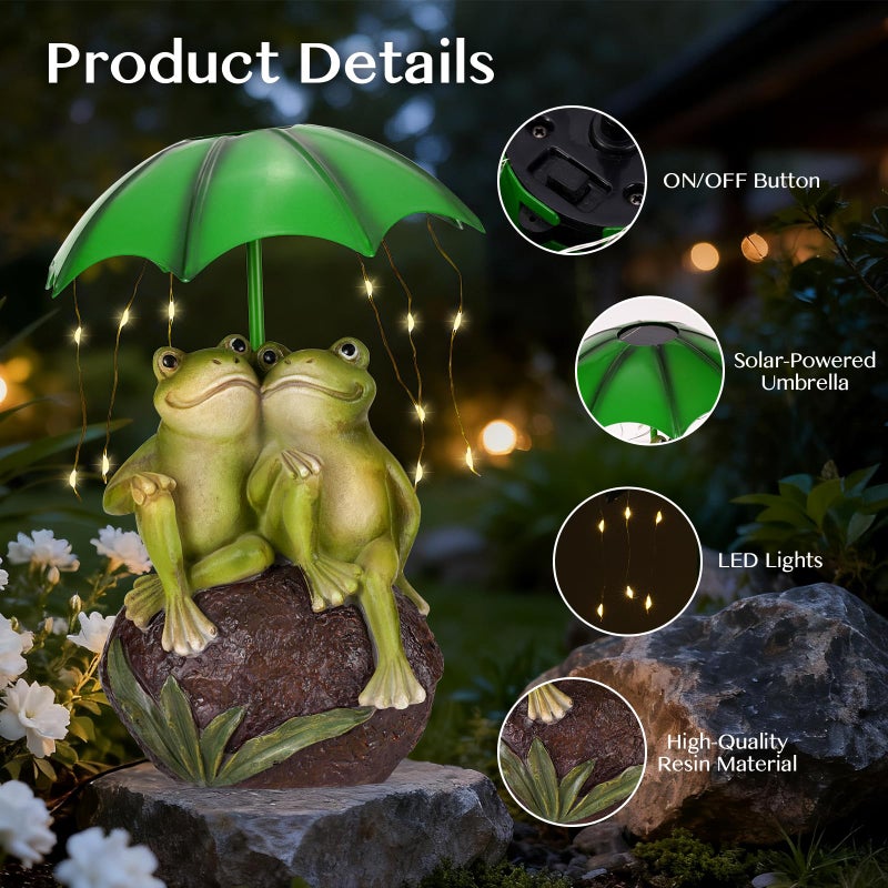 Paxato Solar Garden Statues Decor Frog Couple with LED Lights and Umbrella, Spring Outdoor Garden Statues, Frog Statue for Patio, Balcony, Housewarming, Yard Ornaments Valentines Day Gifts for Women - Image 4