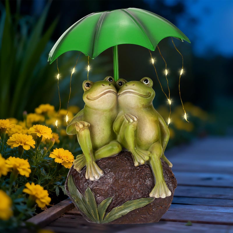 Paxato Solar Garden Statues Decor Frog Couple with LED Lights and Umbrella, Spring Outdoor Garden Statues, Frog Statue for Patio, Balcony, Housewarming, Yard Ornaments Valentines Day Gifts for Women - Image 1