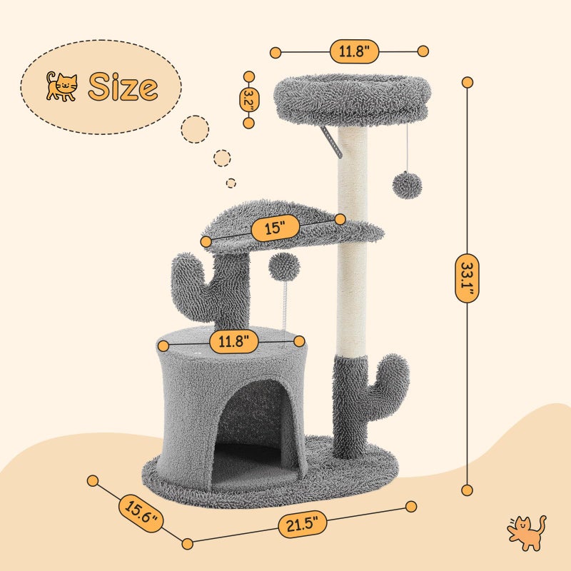 DUMOS 33-inch Cat Tree Tower for Indoor Cats, Small Cat Scratching Post with Curved Bed, Cat Tree with Cat Condo for Adult, Grey - Image 2